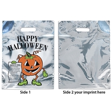 a silver silver reflective pumpkin bag with flexo ink imprint