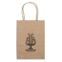 aerial view a brown kraft paper recyclable flexo ink eco shopper tote bag 5.25 x 8.25, image 1 of 4