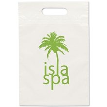 aerial view a white plastic eco die cut handle bag 9.5 x 14, image 1 of 2