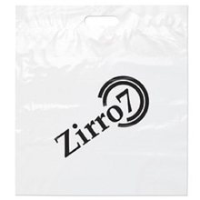 aerial view a white lo - density die cut handle bag 18x20x4 flexo ink imprint, image 1 of 2