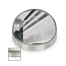 aerial view a clear moma photo dome paperweight optical quality acrylic magnifies picture, image 1 of 2