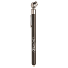 aerial view a metallic black aluminum 50 psi tire gauge, image 1 of 2