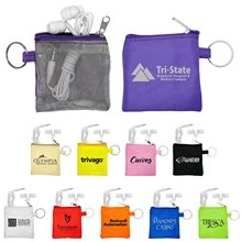 aerial view a group of mesh travel pouch with earbuds, image 1 of 2