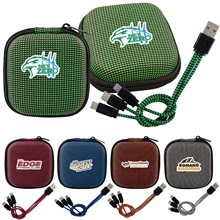 aerial view a group of textured 3- in -1 multiple charging cable set, image 1 of 2