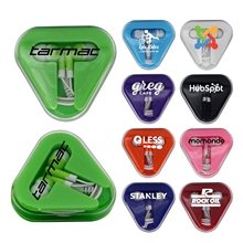 a group of triangle case earbuds