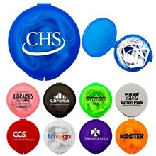 aerial view a group of ear buds with traveler case, image 1 of 2