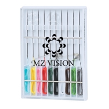 aerial view a clear sewing kit with 10 pre - threaded needles, image 1 of 3