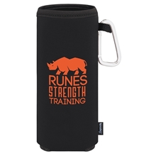 aerial view a black collapsible koozie bottle kooler with carabiner, image 1 of 2