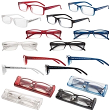 aerial view a group of soft feel reading glasses w / matching case, image 1 of 2