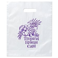 aerial view a frosted clear orchid colored frosted die - cut convention bag 15 x 12, image 1 of 2
