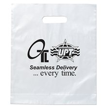 aerial view a frosted clear rose frosted plastic flexo ink die cut tote bag - 15 x 18, image 1 of 2