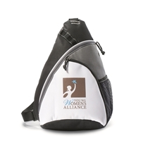 aerial view a white white modern sling backpack, image 1 of 2