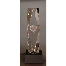 aerial view a clear dramatis award with lighted base, image 1 of 2
