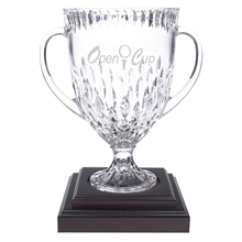 aerial view a clear mario cioni legacy trophy bowl with wood base, image 1 of 2