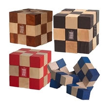 aerial view a group of eco - friendly wooden elastic cube puzzle, image 1 of 2