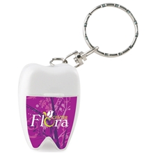 aerial view a white bulk promotional tooth shaped dental floss with key chain, image 1 of 2