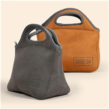 a group of gran klutch suede - ish neoprene lunch bag