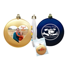 aerial view a group of 3 flat shatterproof ornament with multiple color choices, image 1 of 6