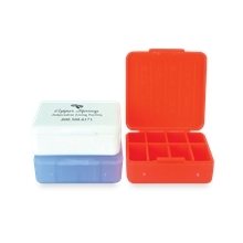 aerial view a group of polypropylene 8 compartment compact pill box, image 1 of 2