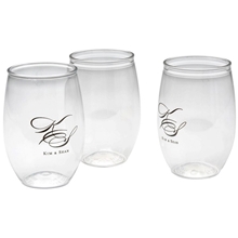 aerial view a clear 16 oz plastic stemless wine glass, image 1 of 2