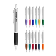 aerial view a group of curvaceous silver matte click ballpoint pen, image 1 of 2