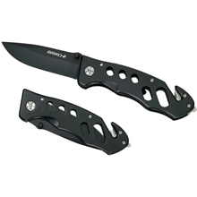 aerial view a black protec stainless steel rescue knife, image 1 of 8