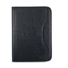aerial view a black deluxe zipper closure executive leather padfolio, image 1 of 3