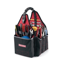 aerial view a red/black all purpose utility tool tote, image 1 of 5