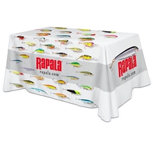 aerial view a white all over full color dye sub table cover - flat poly 4- sided, fits 6 table, image 1 of 3
