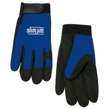 aerial view a blue synthetic leather mechanics glove, image 1 of 2