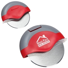 aerial view a red/gray stainless steel roma personalized pizza cutter, image 1 of 2