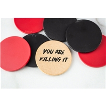 aerial view a group of 1.5 custom wooden nickel coins, image 1 of 4