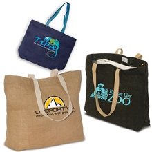 a group of eco - green jute tote with cotton web handles