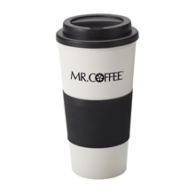 aerial view a black 16 oz commuter tumbler, image 1 of 2