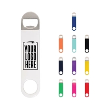 aerial view a group of vinyl wrapped paddle style bottle opener, image 1 of 3