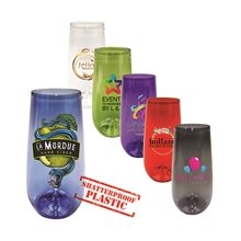 a group of 10 oz plastic stemless champagne flute, full color digital
