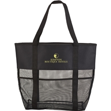 aerial view a black utility beach tote with open main compartment, image 1 of 4