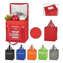 aerial view a group of wave design non - woven cooler lunch bag tote, image 1 of 2