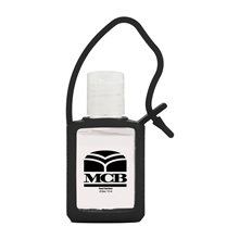 aerial view a black 15 ml antibacterial travel sanitizer, image 1 of 2