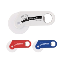 aerial view a group of personalized pizza cutter with bottle opener, image 1 of 3