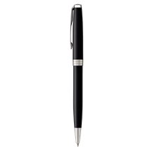 aerial view a black lacquered finish barrel w/ chrome trim parker sonnet ballpoint pen, black lacquered finish barrel w / chrome trim, black ink, image 1 of 3