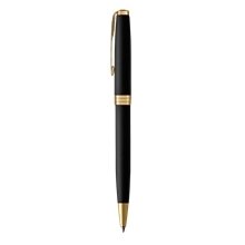 aerial view a matte black lacquered finish barrel w/ gold trim parker sonnet ballpoint pen, matte black lacquered finish barrel w / gold trim, black ink, image 1 of 4