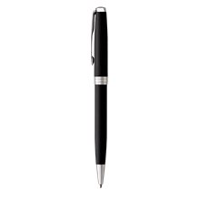 aerial view a matte black lacquered finish barrel w/ chrome trim parker sonnet ballpoint pen, matte black lacquered finish barrel w / chrome trim, black ink, image 1 of 4