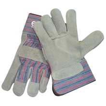 aerial view a blue split leather glove w / safety cuffs, image 1 of 3