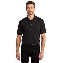 aerial view a black custom port authority pique knit polo shirt, image 1 of 6