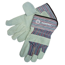 a gray leather and blue/red striped fabric economy split cowhide work gloves