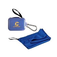 aerial view a blue-reflex cooling towel in carabiner case, image 1 of 2