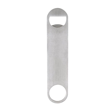 aerial view a silver thin paddle style stainless steel bottle opener, image 1 of 5