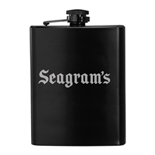 aerial view a matte black 8 oz black stainless steel hip flask, image 1 of 2
