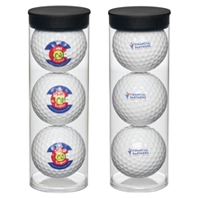 aerial view a white triple golf ball pack, image 1 of 2